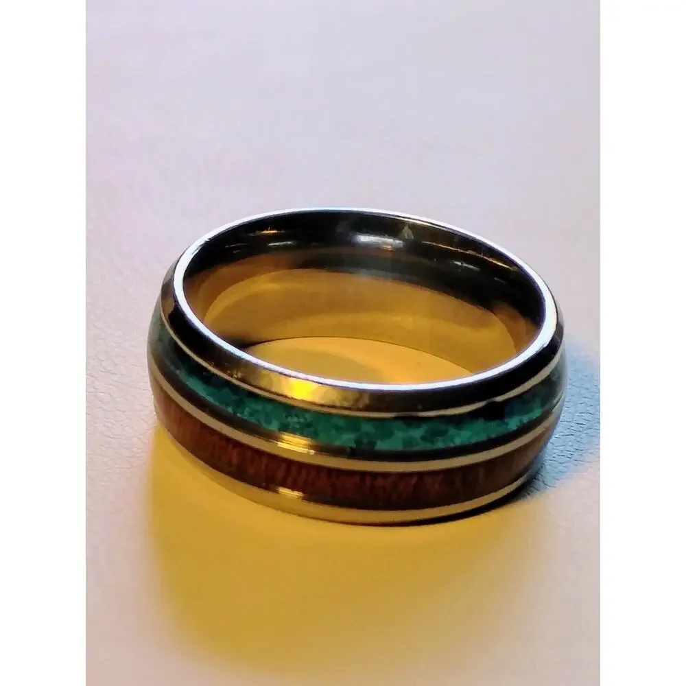 Blue Opal Koa Wood Inlay Comfort Band Ring Size 7